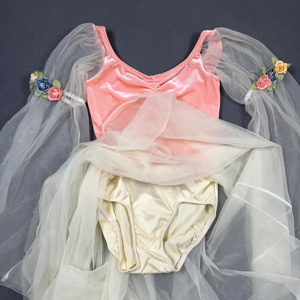 Curtain Call Costume Girls Pink Velvet Sheer Bell Sleeve Floral Dance Leotard - Picture 7 of 9
